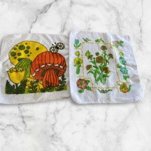 Two wash cloths vintage mushroom and floral designs